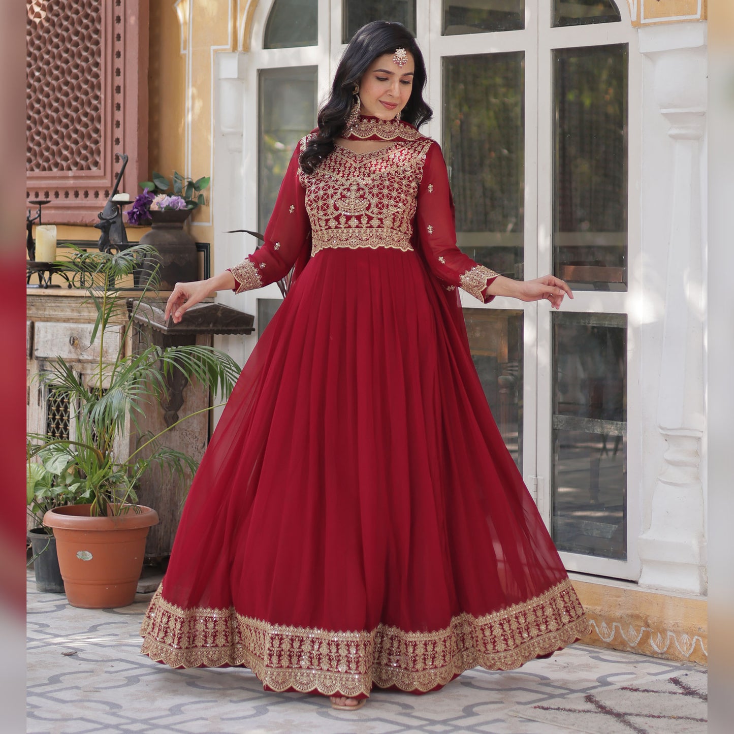 Shehnai Maroon Embroidered Faux Blooming Gown with Dupatta