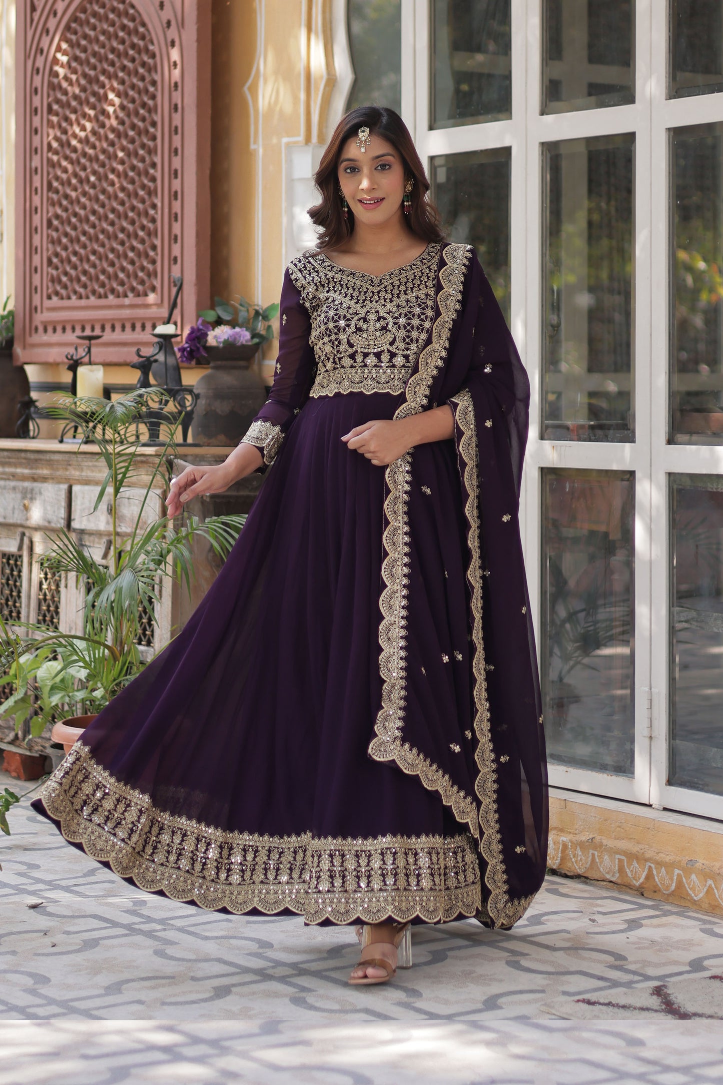 Shehnai Wine Embroidered Faux Blooming Gown with Dupatta