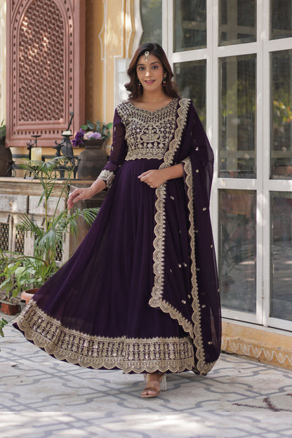 Shehnai Wine Embroidered Faux Blooming Gown with Dupatta