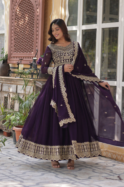 Shehnai Wine Embroidered Faux Blooming Gown with Dupatta