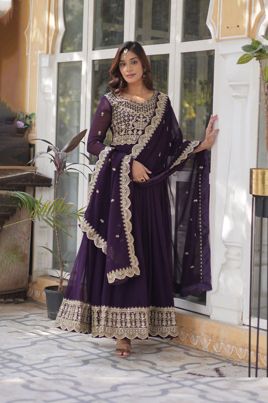 Shehnai Wine Embroidered Faux Blooming Gown with Dupatta