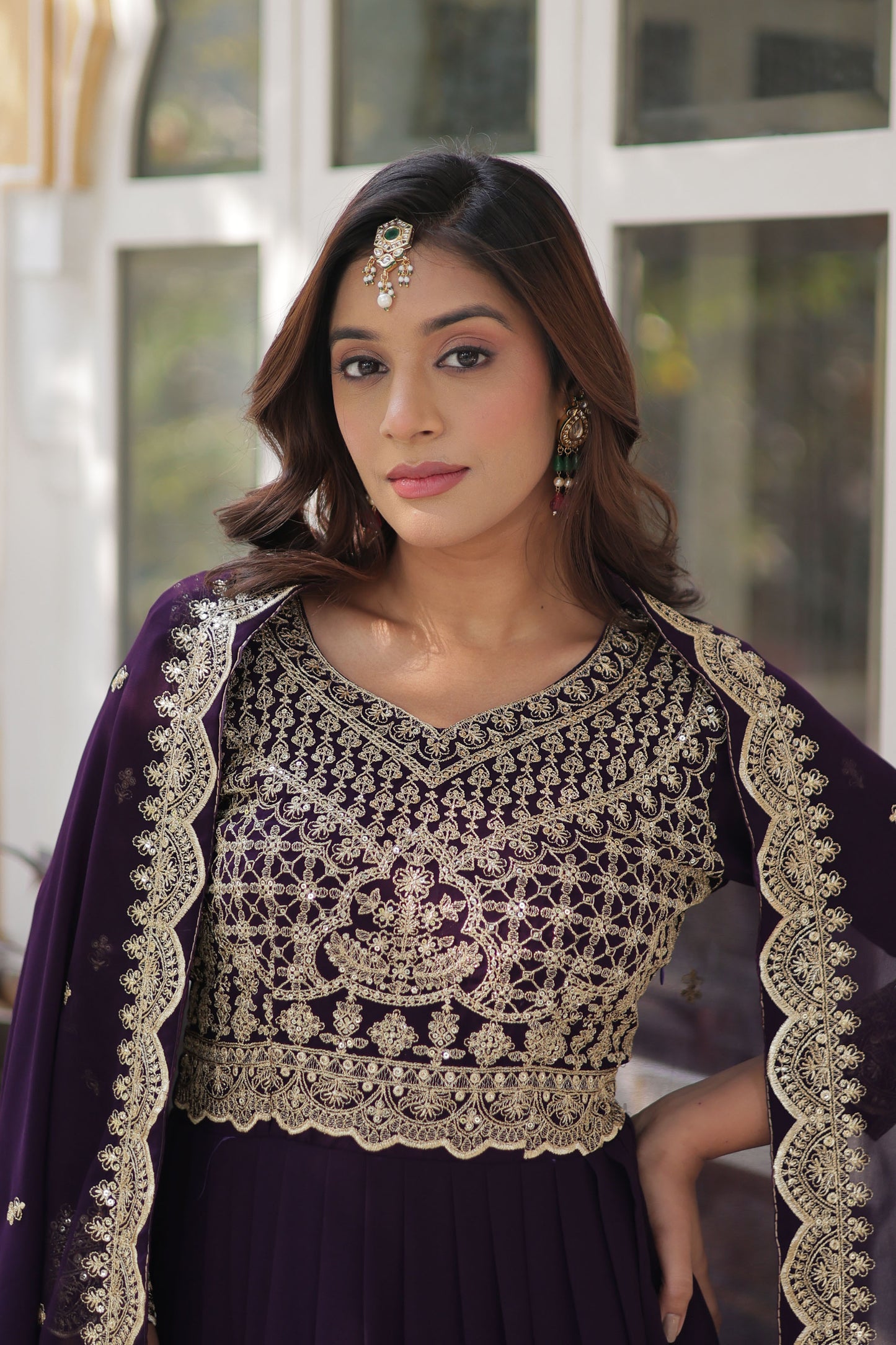 Shehnai Wine Embroidered Faux Blooming Gown with Dupatta
