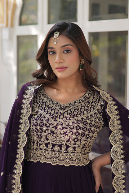 Shehnai Wine Embroidered Faux Blooming Gown with Dupatta