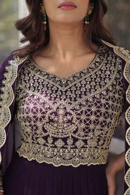 Shehnai Wine Embroidered Faux Blooming Gown with Dupatta