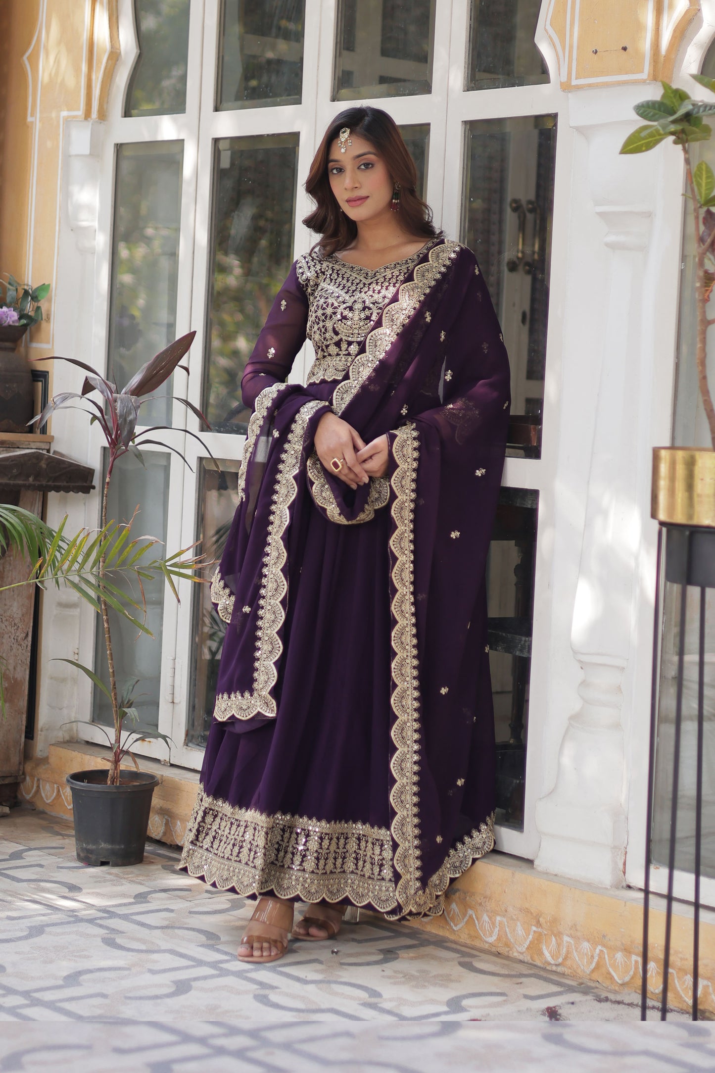 Shehnai Wine Embroidered Faux Blooming Gown with Dupatta