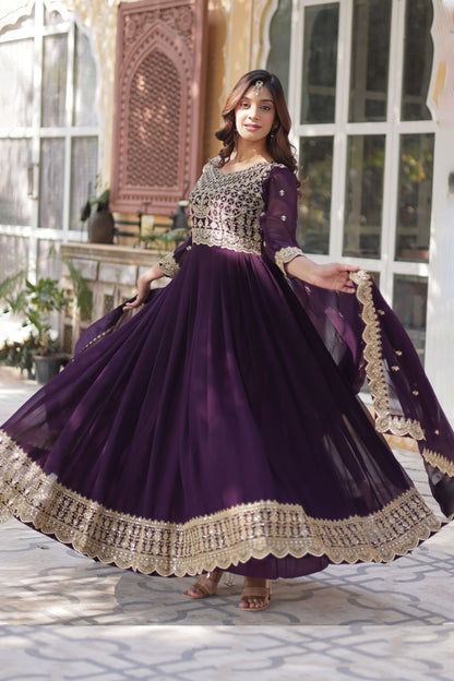 Shehnai Wine Embroidered Faux Blooming Gown with Dupatta