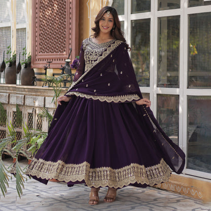 Shehnai Wine Embroidered Faux Blooming Gown with Dupatta