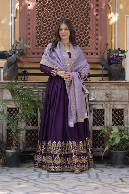 Zuhaa Wine Star Georgette Embroidered Gown With Dupatta