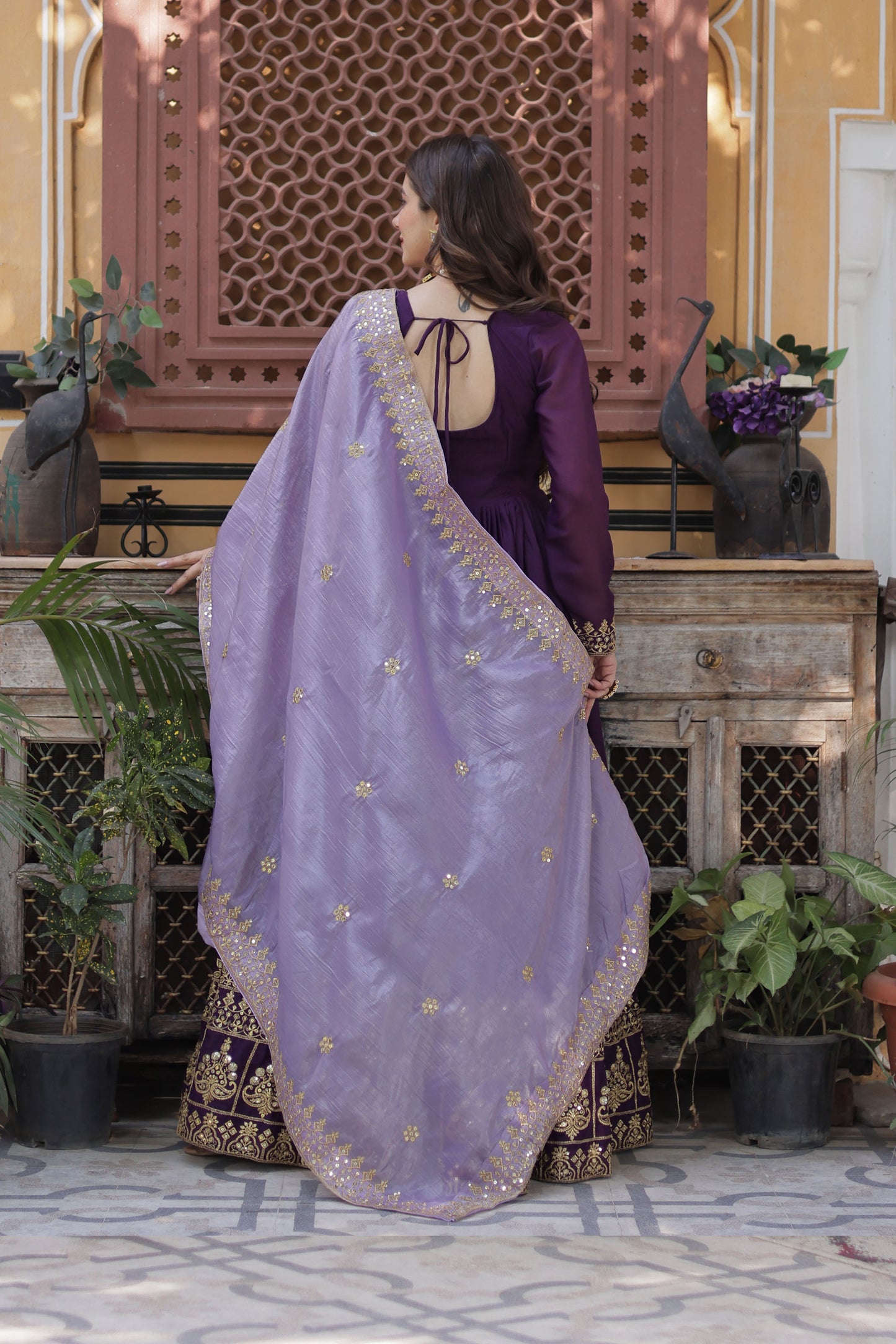 Zuhaa Wine Star Georgette Embroidered Gown With Dupatta