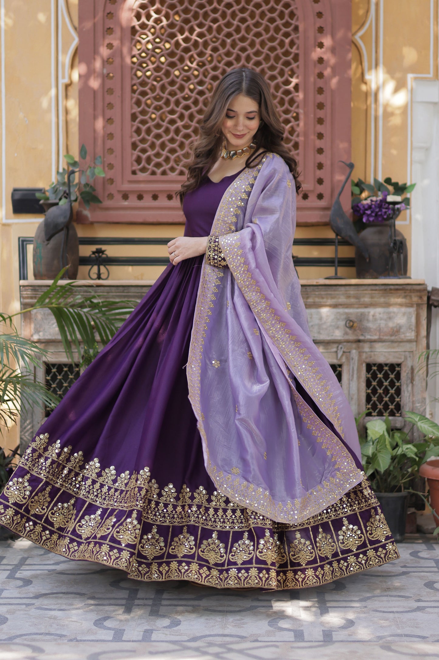 Zuhaa Wine Star Georgette Embroidered Gown With Dupatta
