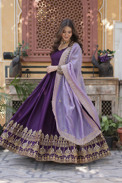 Zuhaa Wine Star Georgette Embroidered Gown With Dupatta