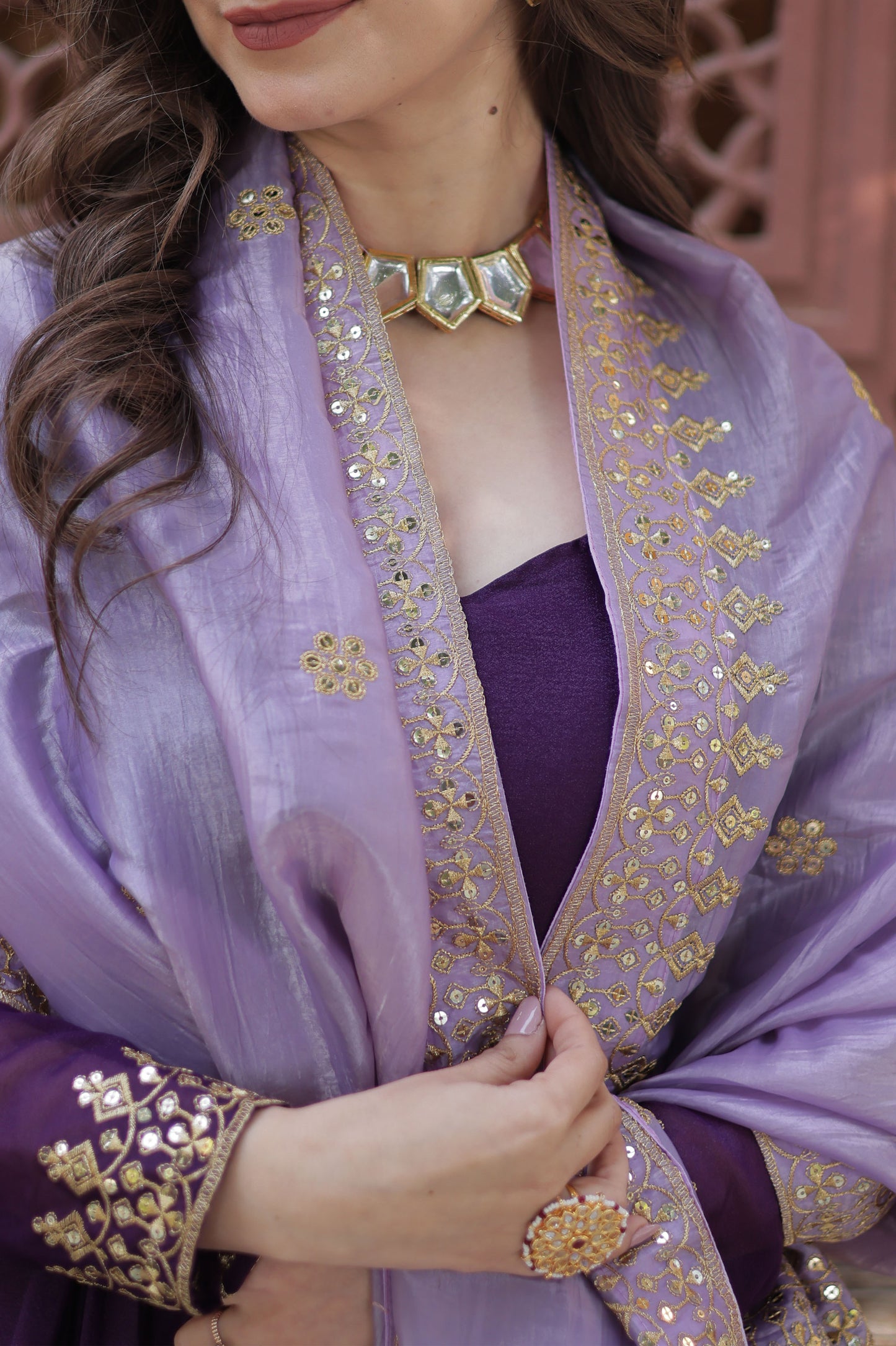 Zuhaa Wine Star Georgette Embroidered Gown With Dupatta