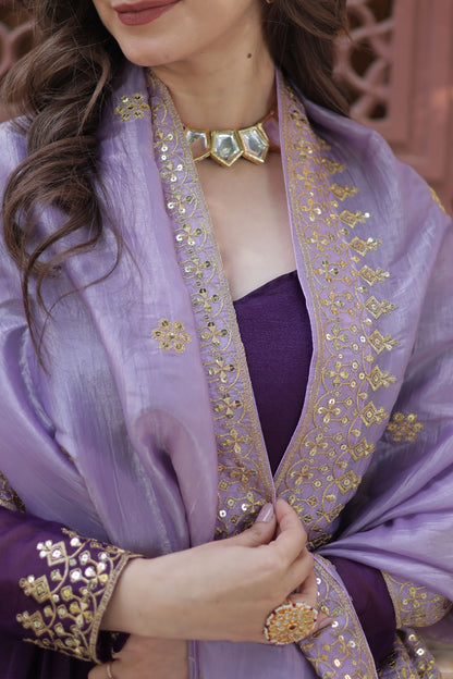 Zuhaa Wine Star Georgette Embroidered Gown With Dupatta