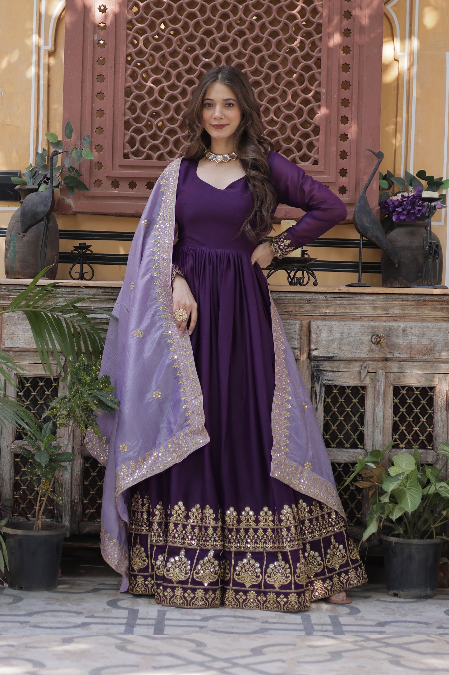 Zuhaa Wine Star Georgette Embroidered Gown With Dupatta