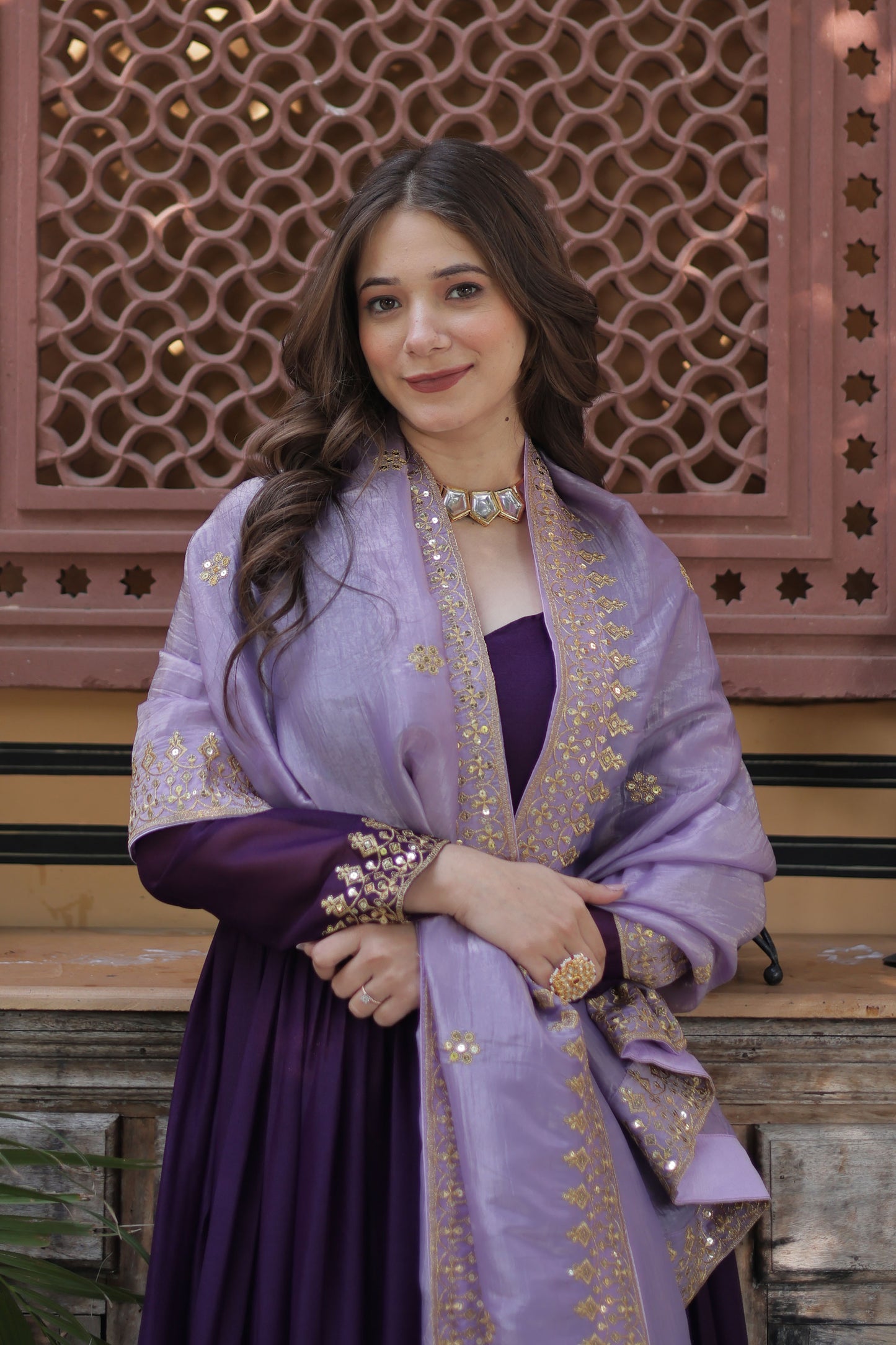 Zuhaa Wine Star Georgette Embroidered Gown With Dupatta