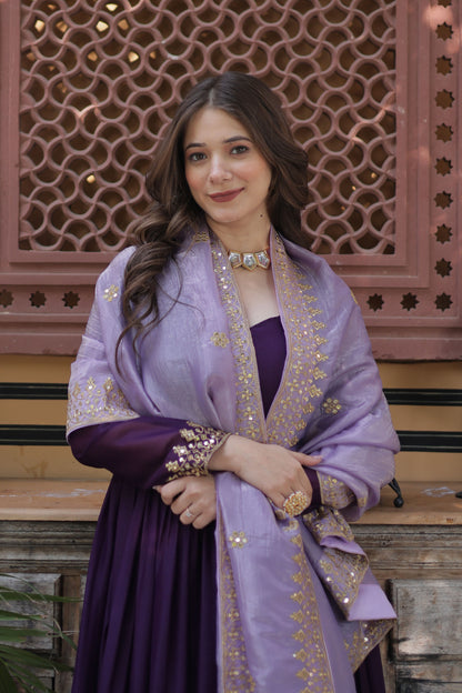Zuhaa Wine Star Georgette Embroidered Gown With Dupatta