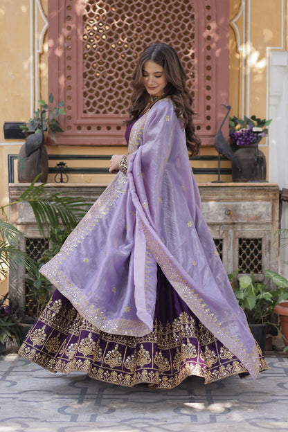 Zuhaa Wine Star Georgette Embroidered Gown With Dupatta