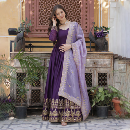 Zuhaa Wine Star Georgette Embroidered Gown With Dupatta
