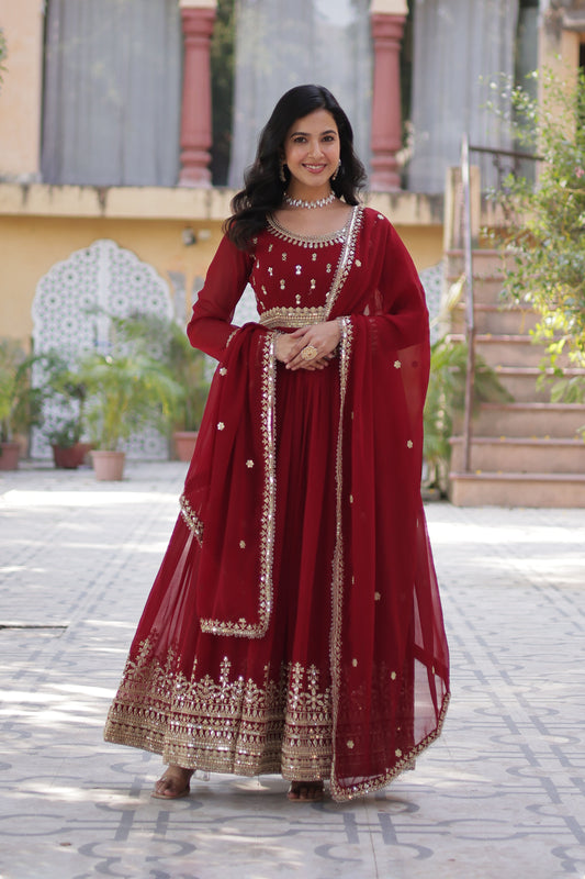 Sanvari Maroon Faux Blooming Embroidered Gown With Dupatta