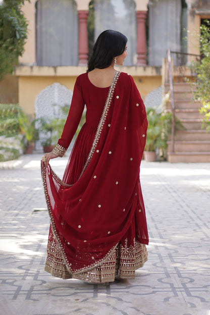 Sanvari Maroon Faux Blooming Embroidered Gown With Dupatta