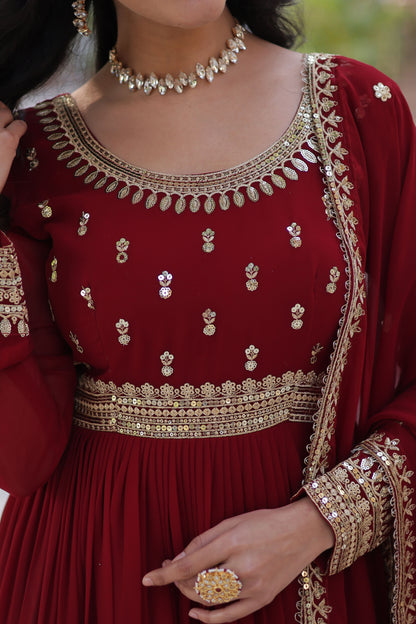 Sanvari Maroon Faux Blooming Embroidered Gown With Dupatta