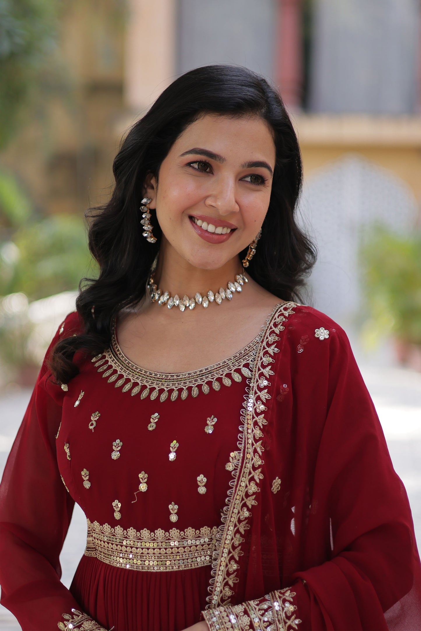 Sanvari Maroon Faux Blooming Embroidered Gown With Dupatta