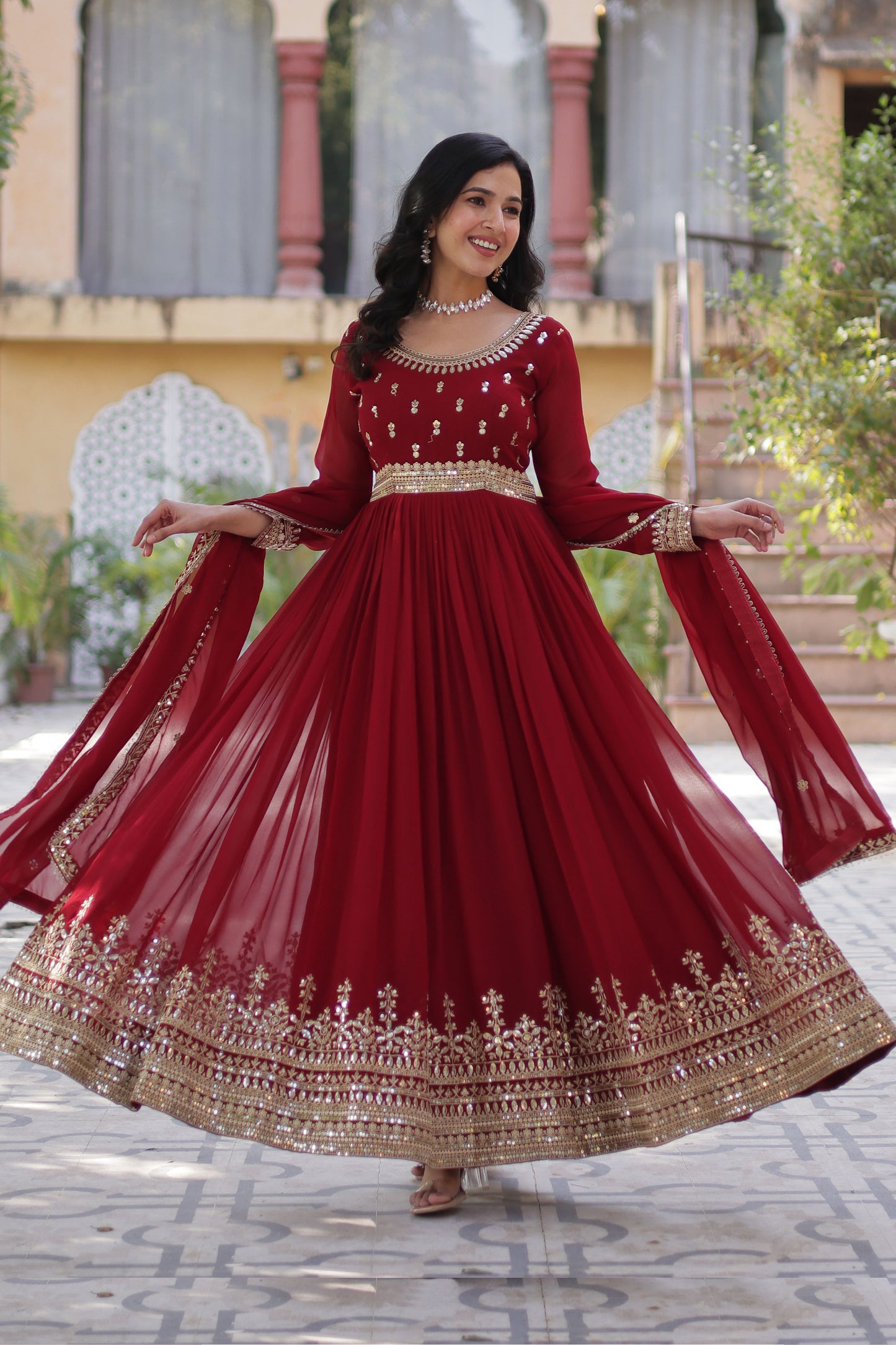 Sanvari Maroon Faux Blooming Embroidered Gown With Dupatta