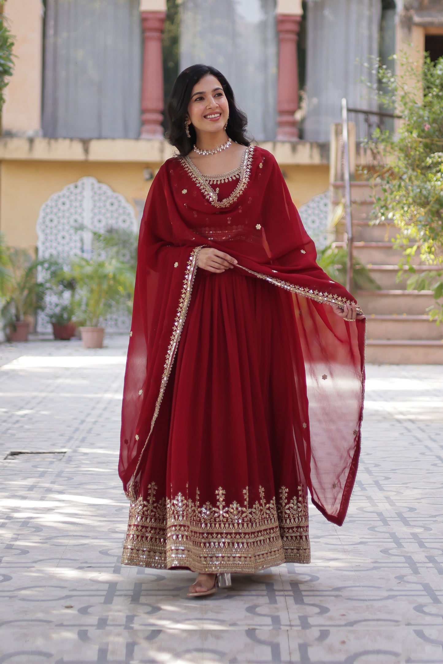 Sanvari Maroon Faux Blooming Embroidered Gown With Dupatta