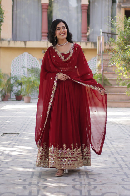 Sanvari Maroon Faux Blooming Embroidered Gown With Dupatta