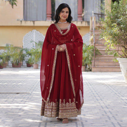 Sanvari Maroon Faux Blooming Embroidered Gown With Dupatta