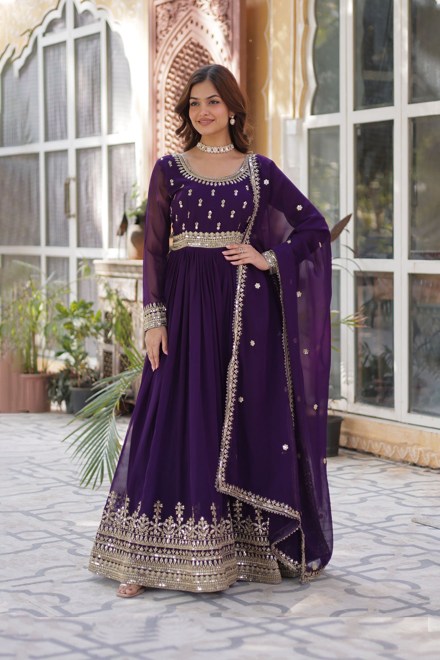 Sanvari Purple Faux Blooming Embroidered Gown With Dupatta