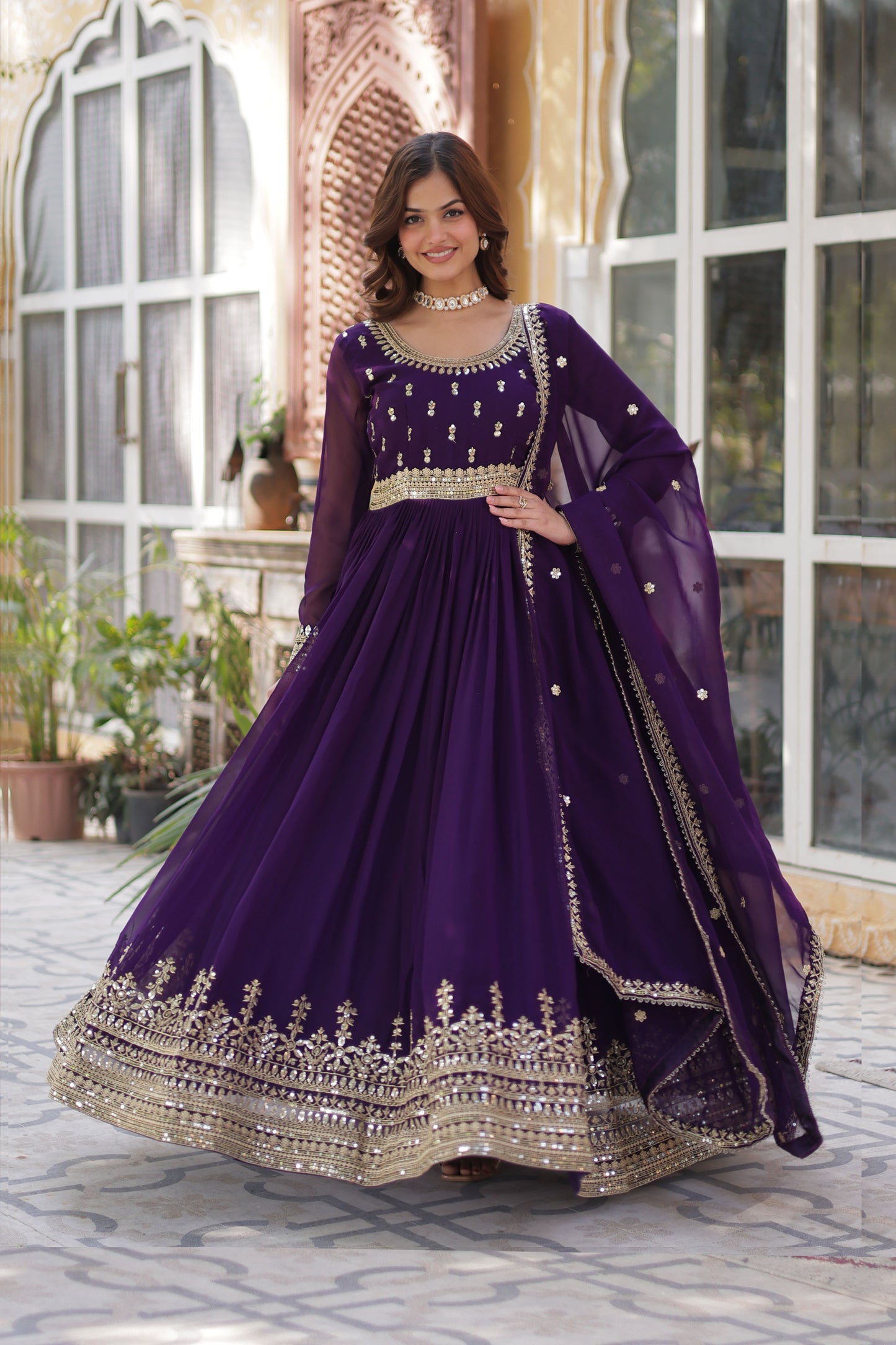 Sanvari Purple Faux Blooming Embroidered Gown With Dupatta