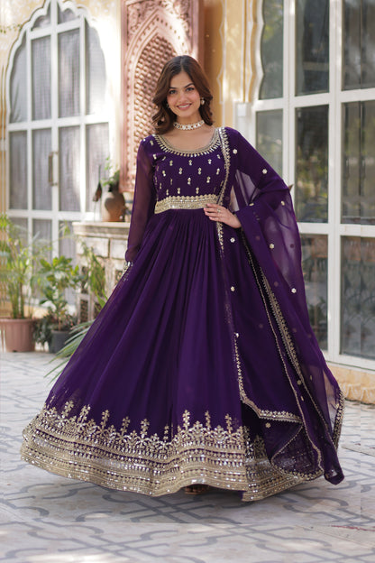 Sanvari Purple Faux Blooming Embroidered Gown With Dupatta