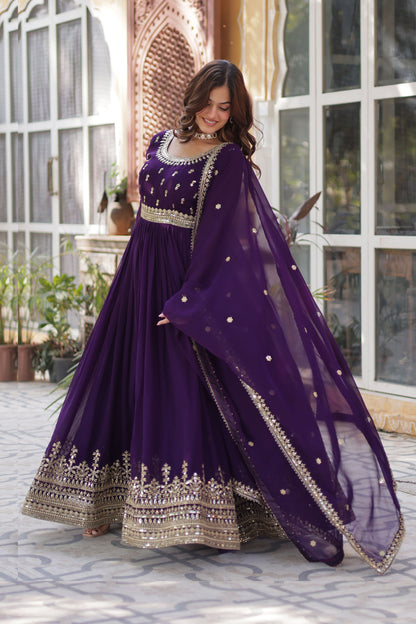 Sanvari Purple Faux Blooming Embroidered Gown With Dupatta
