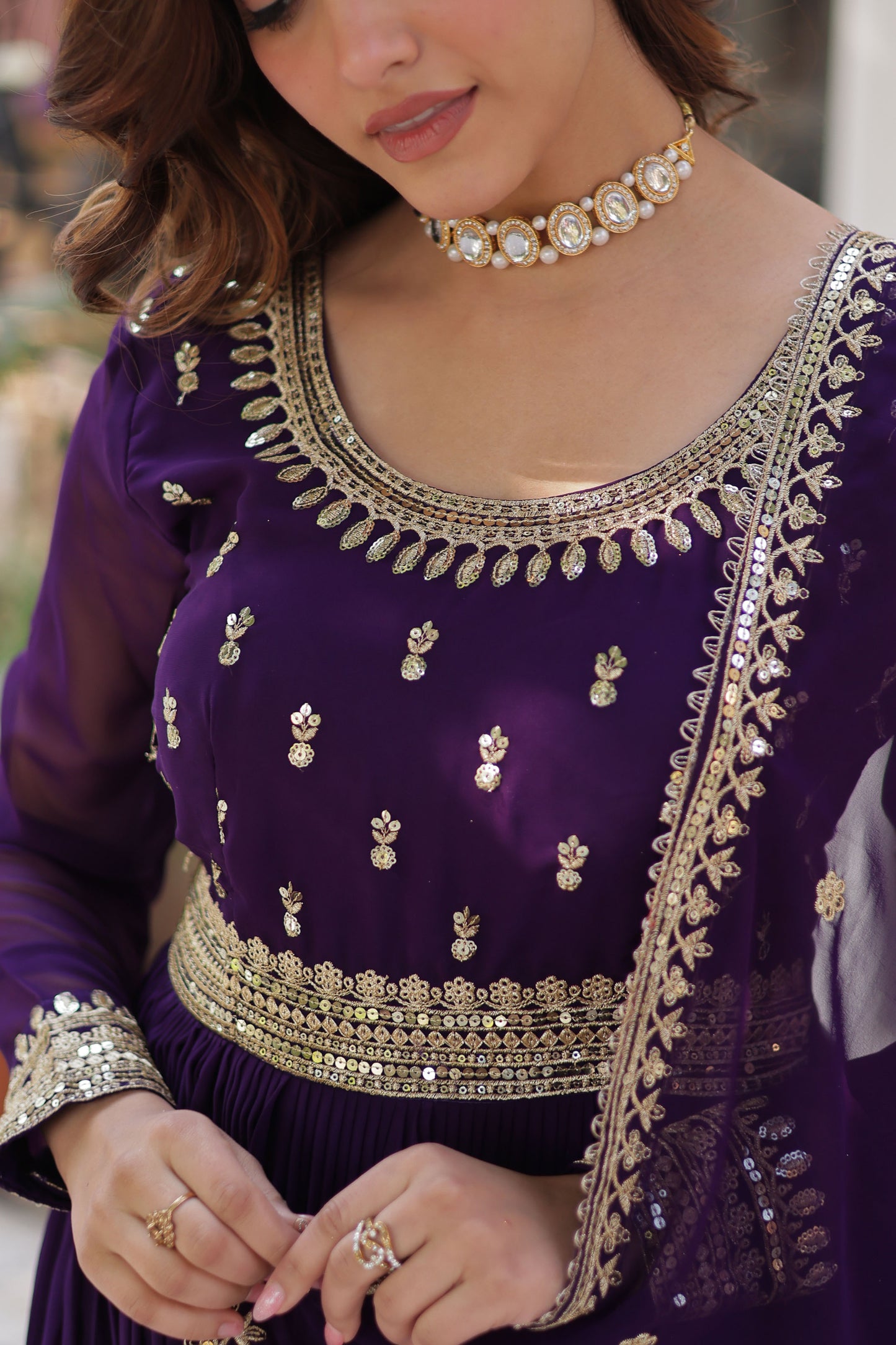 Sanvari Purple Faux Blooming Embroidered Gown With Dupatta