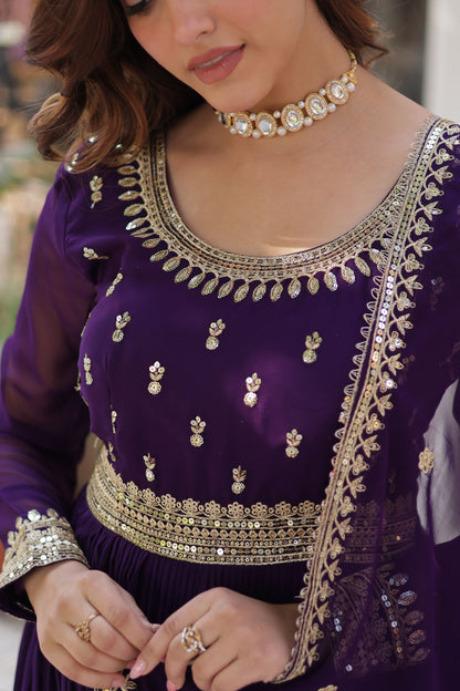 Sanvari Purple Faux Blooming Embroidered Gown With Dupatta