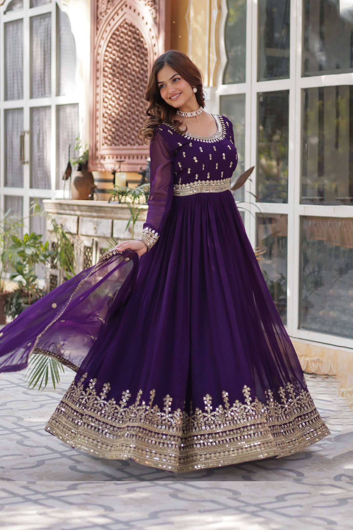 Sanvari Purple Faux Blooming Embroidered Gown With Dupatta