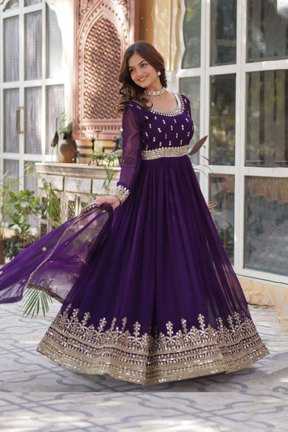 Sanvari Purple Faux Blooming Embroidered Gown With Dupatta