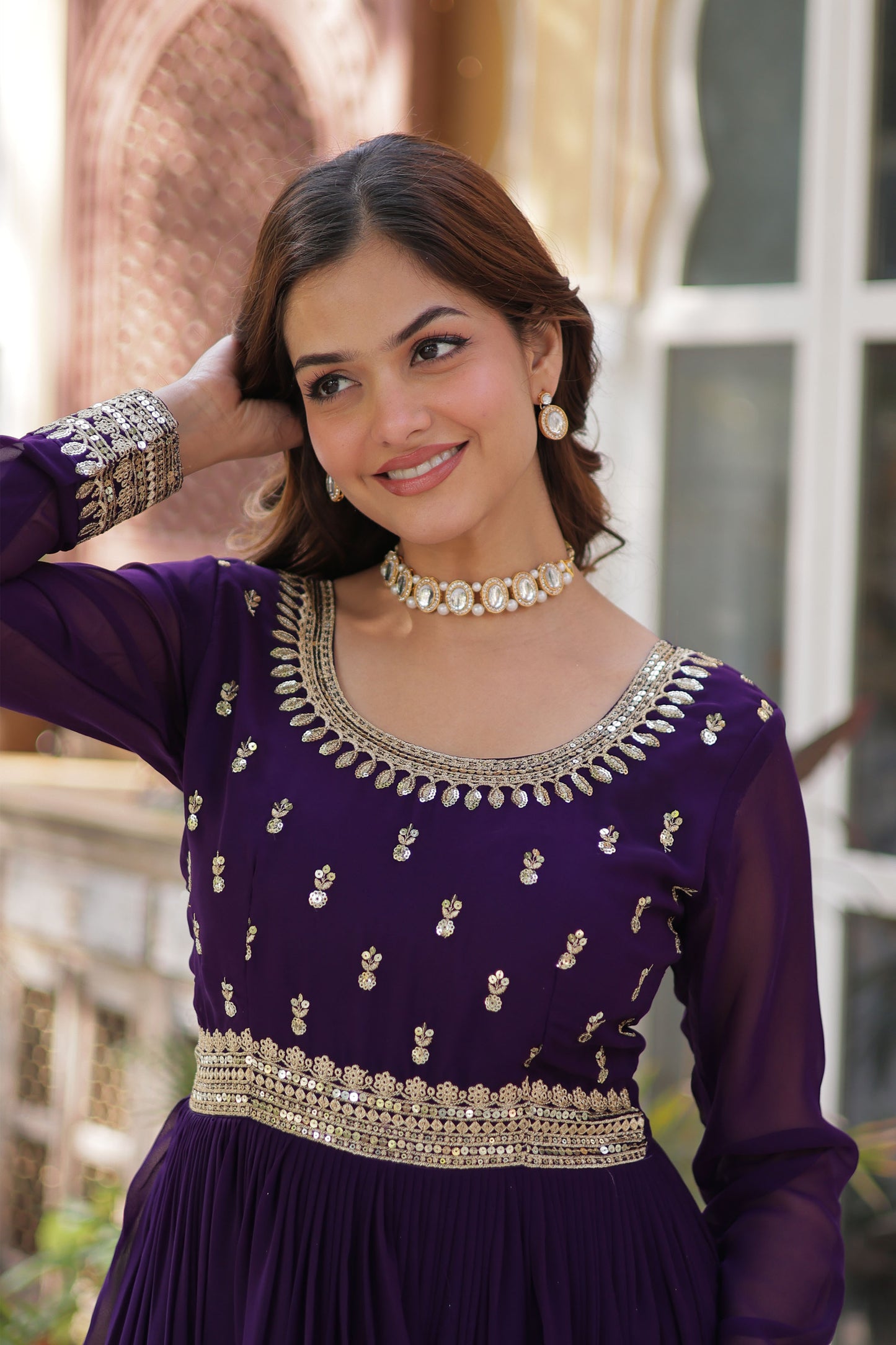 Sanvari Purple Faux Blooming Embroidered Gown With Dupatta