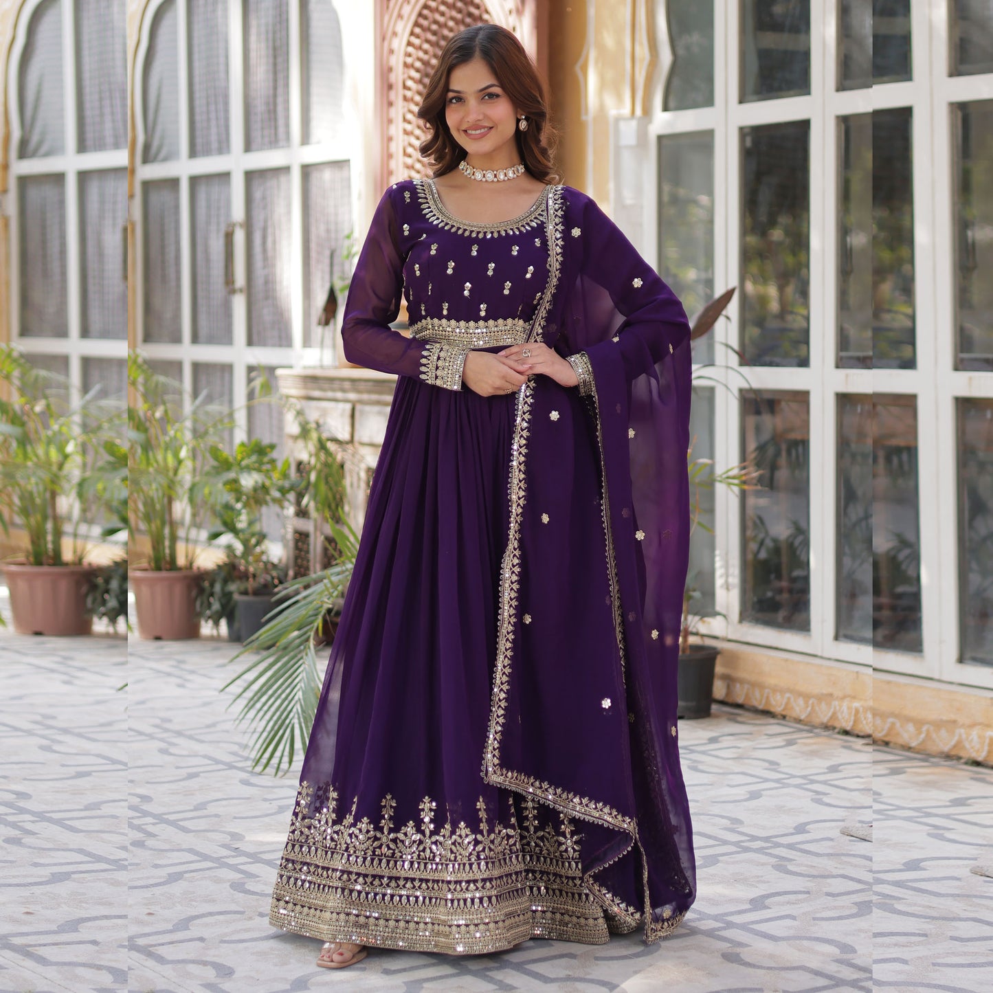 Sanvari Purple Faux Blooming Embroidered Gown With Dupatta