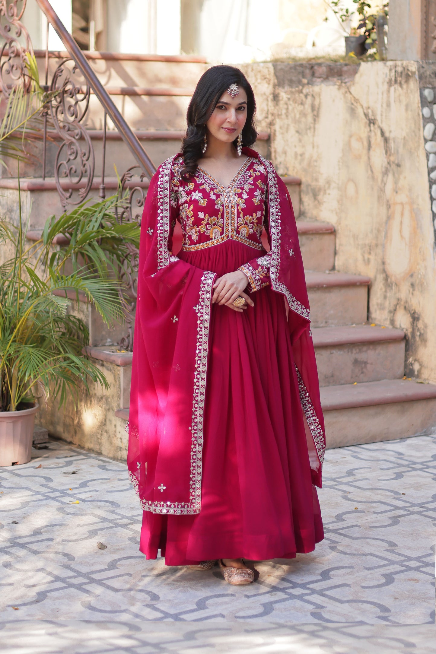 Basanti Pink Faux Blooming Embroidered Gown With Dupatta
