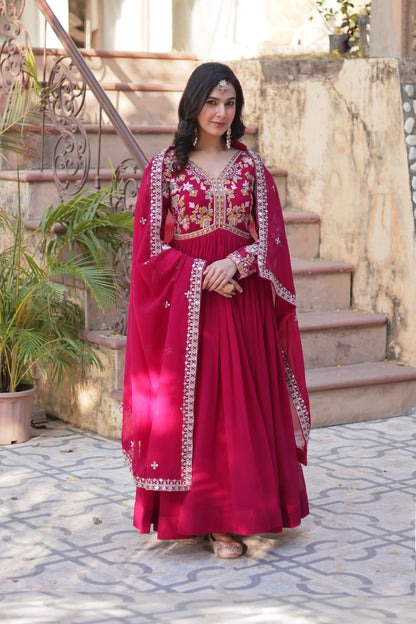 Basanti Pink Faux Blooming Embroidered Gown With Dupatta