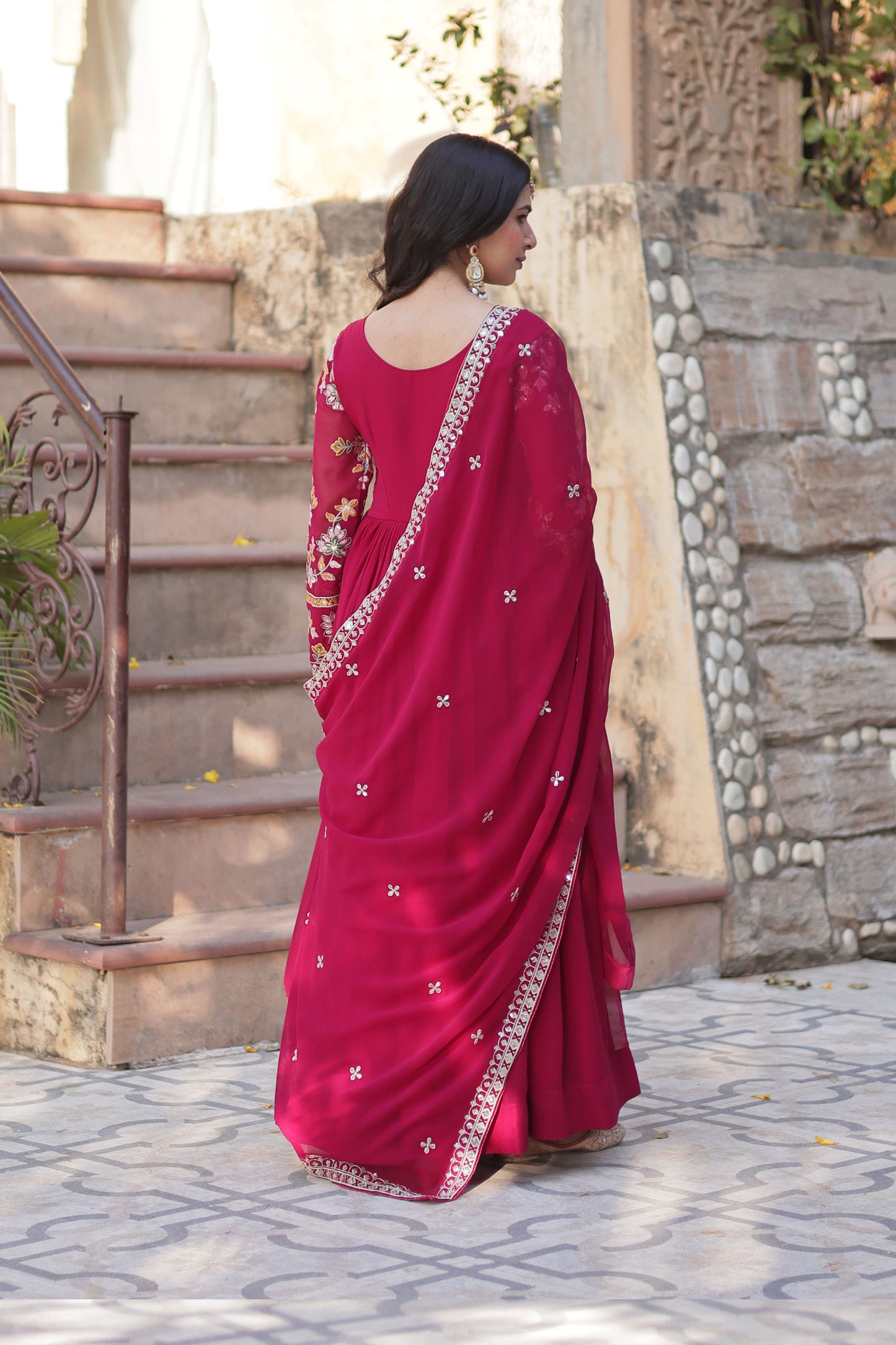 Basanti Pink Faux Blooming Embroidered Gown With Dupatta