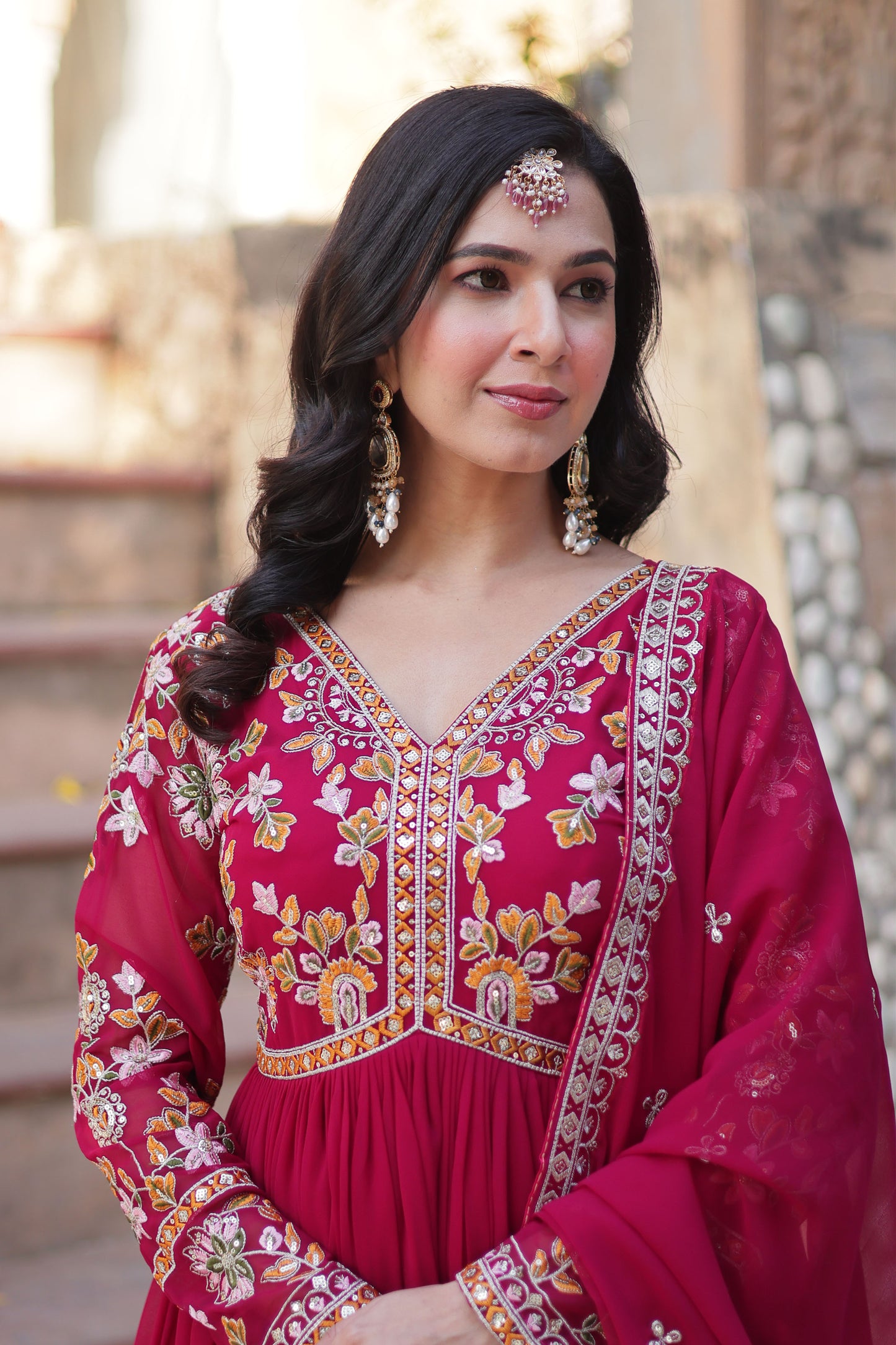 Basanti Pink Faux Blooming Embroidered Gown With Dupatta
