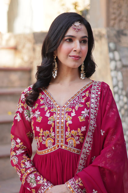 Basanti Pink Faux Blooming Embroidered Gown With Dupatta