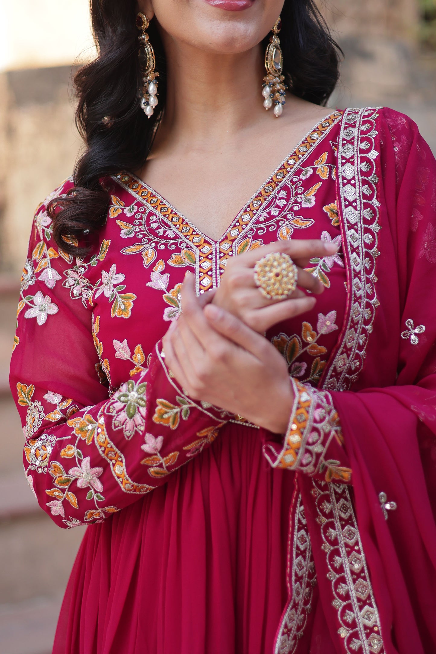 Basanti Pink Faux Blooming Embroidered Gown With Dupatta