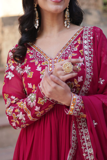 Basanti Pink Faux Blooming Embroidered Gown With Dupatta