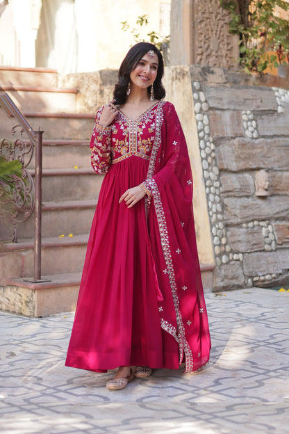 Basanti Pink Faux Blooming Embroidered Gown With Dupatta