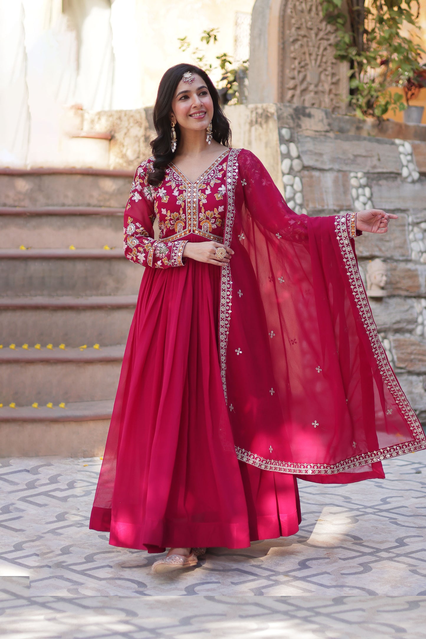 Basanti Pink Faux Blooming Embroidered Gown With Dupatta