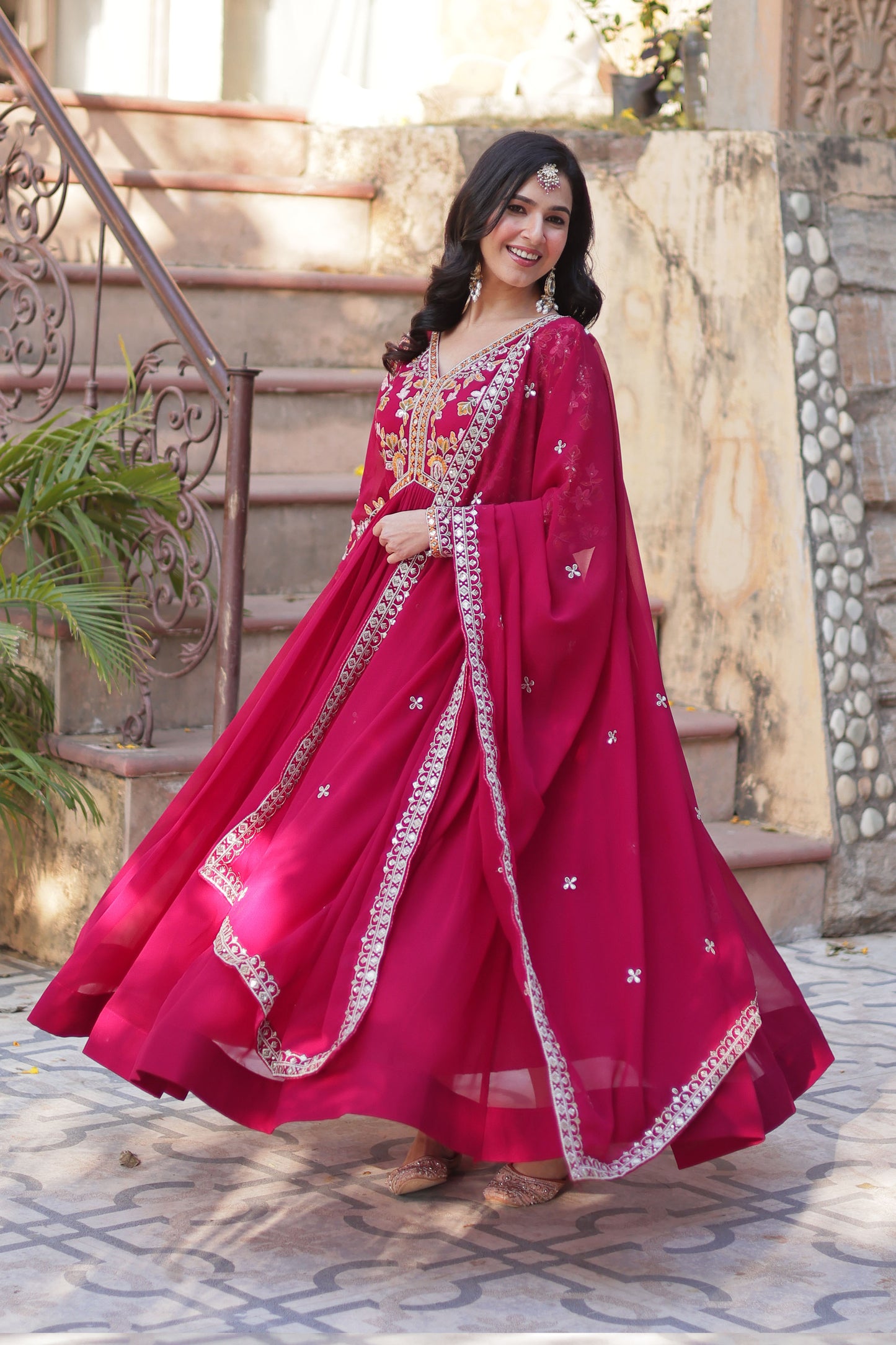 Basanti Pink Faux Blooming Embroidered Gown With Dupatta